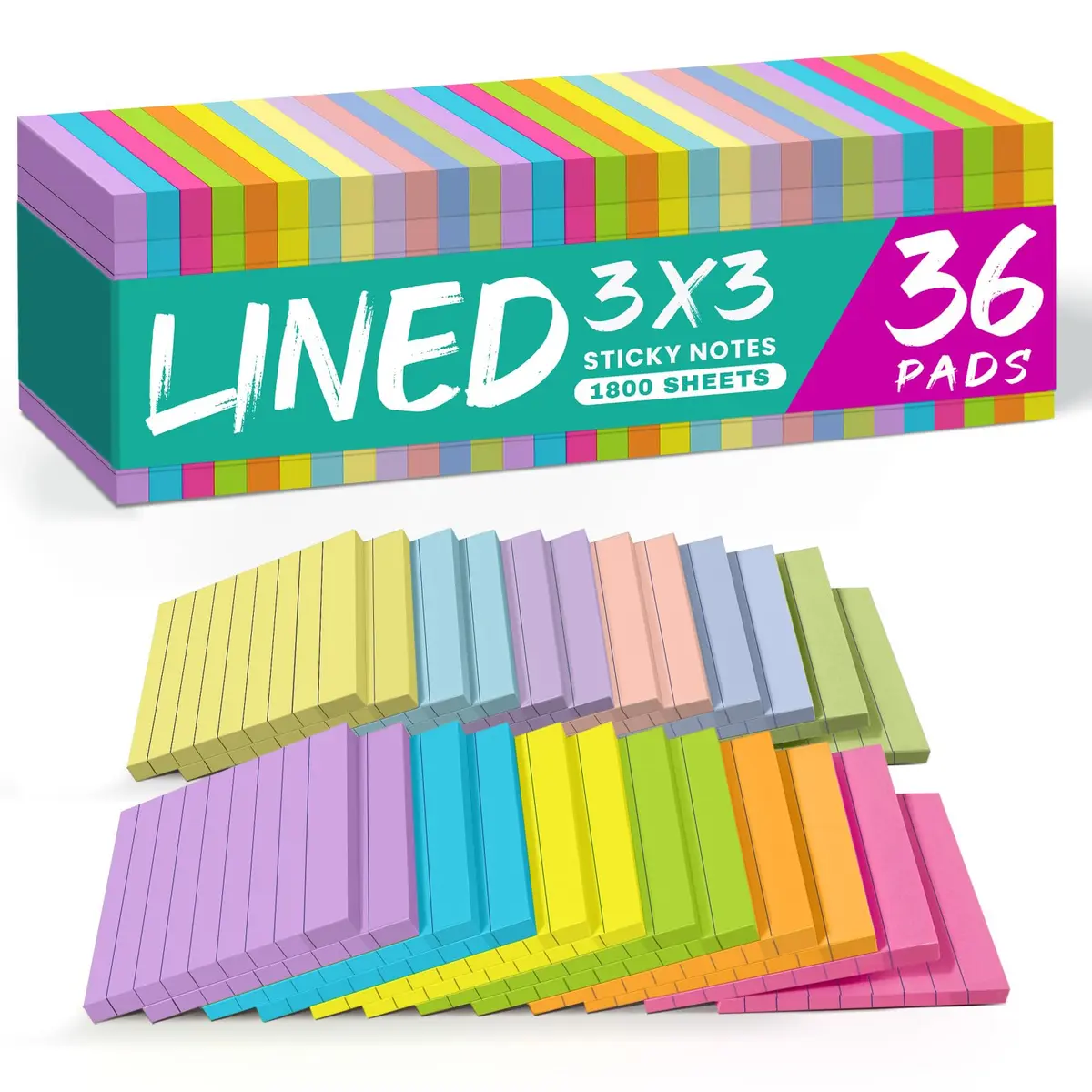 Taja Lined Sticky Notes 36 Pads, 7.62 cm (3 x 3 Inches), 50 Sheets/Pad | Bright Color for Office & Study - main product image