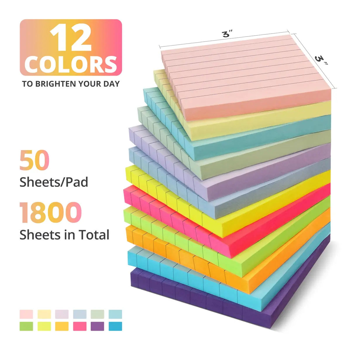 Taja Lined Sticky Notes 36 Pads, 7.62 cm (3 x 3 Inches), 50 Sheets/Pad | Bright Color for Office & Study - view 2