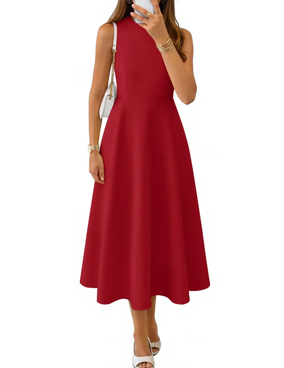 ZESICA Women's Sleeveless Flowy A Line Wedding Guest Midi Dress Red S | Elegant Summer Midi Dress - main product image