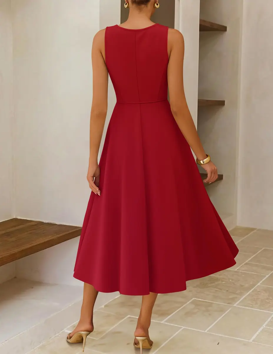ZESICA Women's Sleeveless Flowy A Line Wedding Guest Midi Dress Red S | Elegant Summer Midi Dress - view 5