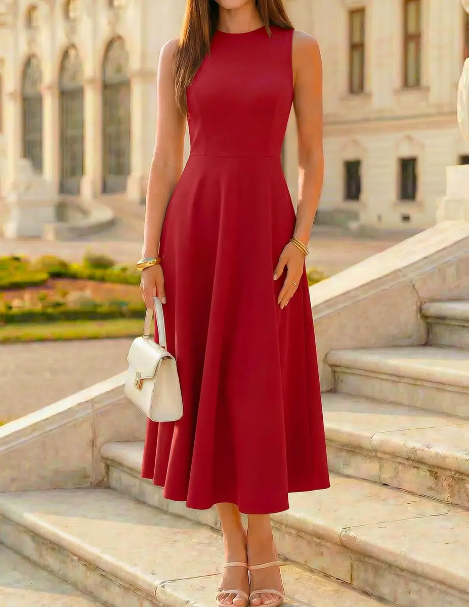 ZESICA Women's Sleeveless Flowy A Line Wedding Guest Midi Dress Red S | Elegant Summer Midi Dress - view 6