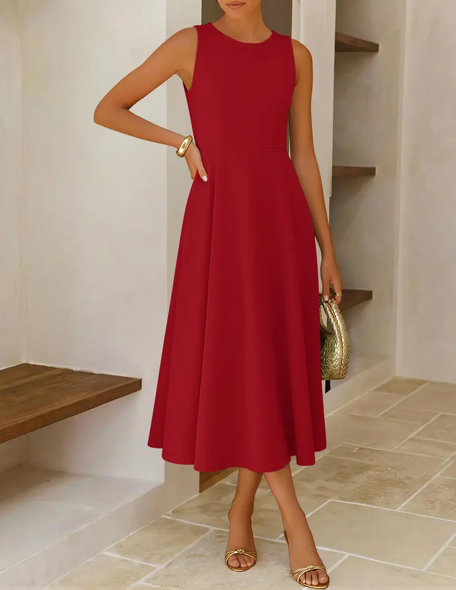 ZESICA Women's Sleeveless Flowy A Line Wedding Guest Midi Dress Red S | Elegant Summer Midi Dress - view 7