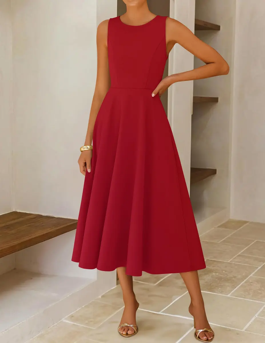 ZESICA Women's Sleeveless Flowy A Line Wedding Guest Midi Dress Red S | Elegant Summer Midi Dress - view 4