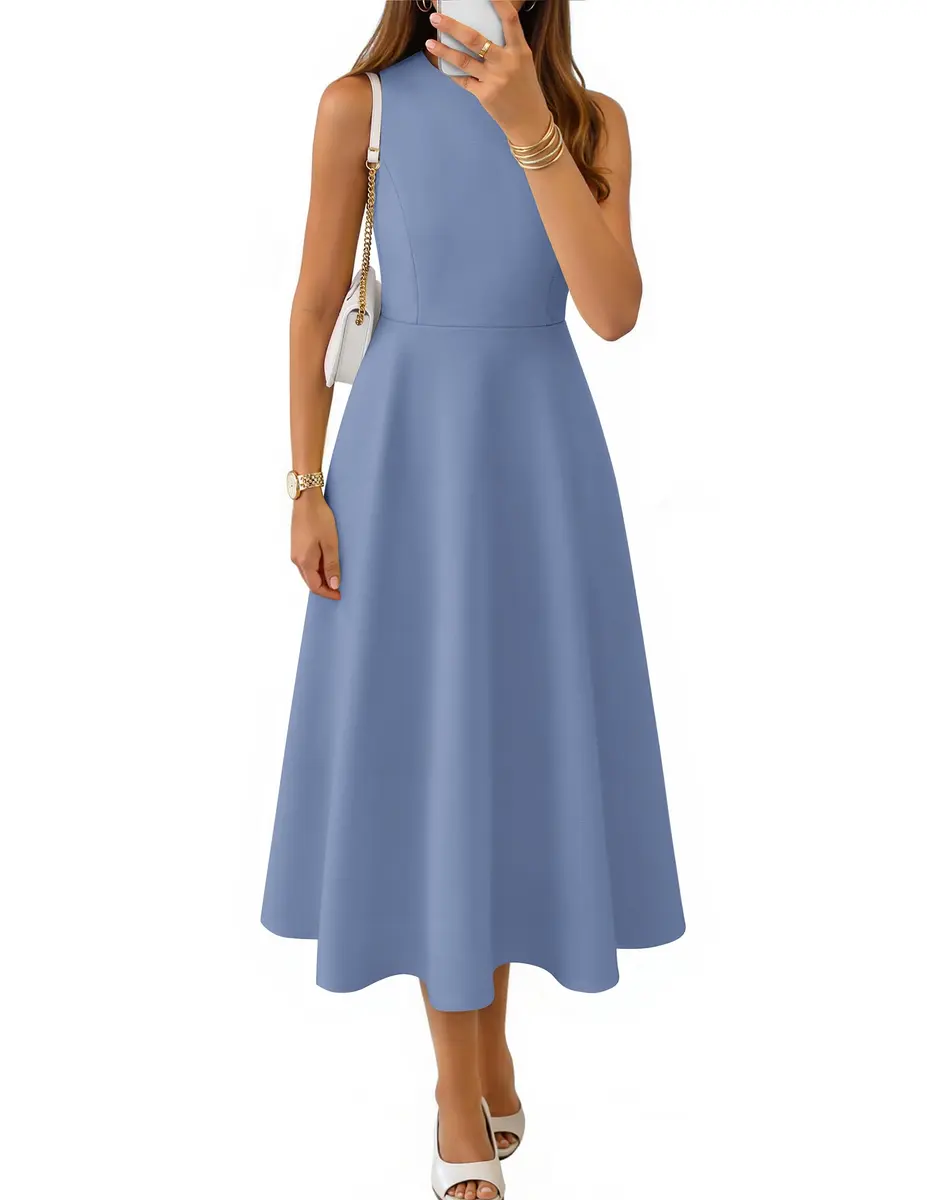 ZESICA Women's Sleeveless Flowy A Line Wedding Guest Midi Dress Dusty Blue | Elegant Summer Midi Dress for Women - main product image