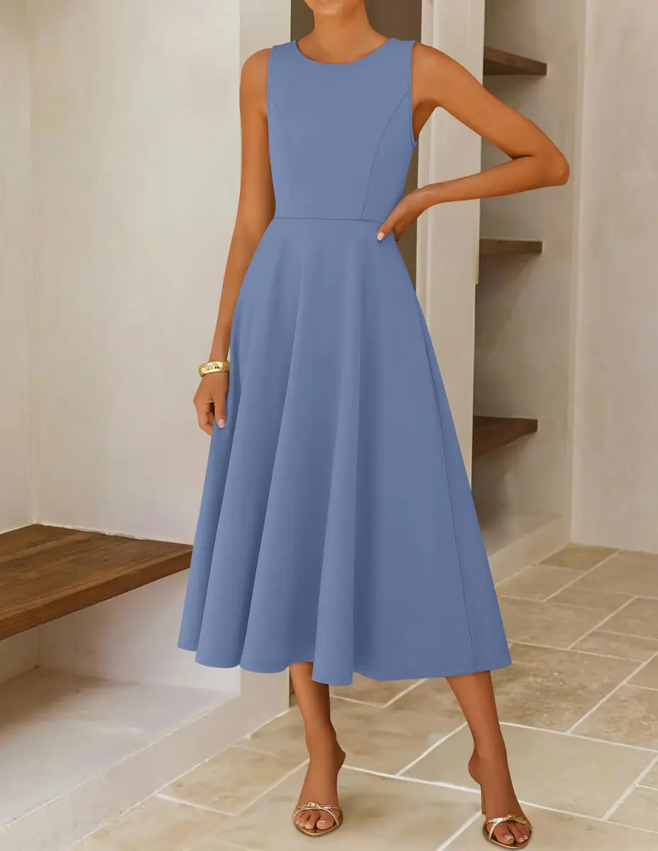 ZESICA Women's Sleeveless Flowy A Line Wedding Guest Midi Dress Dusty Blue | Elegant Summer Midi Dress for Women - view 4