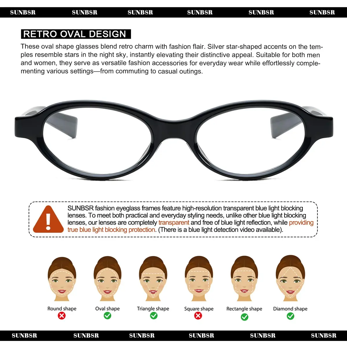 SUNBSR Retro Small Oval Blue Light Glasses for Women Men (Black) | 99% Blue Light & UV Block | Classic Style - view 6