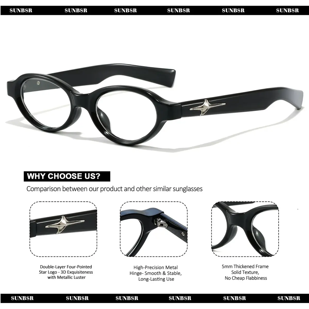 SUNBSR Retro Small Oval Blue Light Glasses for Women Men (Black) | 99% Blue Light & UV Block | Classic Style - view 7