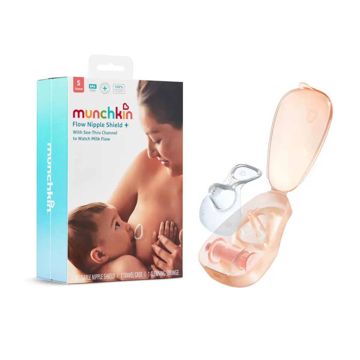 Munchkin Flow 16mm Nipple Shield for Breastfeeding Newborns, Silicone Latch Monitor with Visible Milk Flow Channel, Nursing Support for Sore Nipples | BPA-Free, 1 Count - main product image