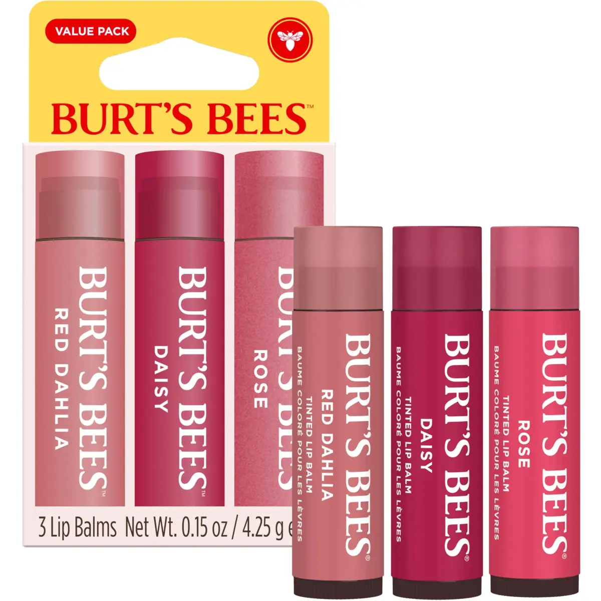 Burt's Bees Tinted Lip Balm Value Pack, Red Dahlia, Daisy & Rose, 0.45 oz (3 Tubes) | 8-Hour Moisture & Hint of Color - view 2