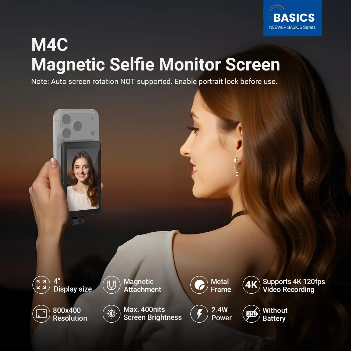 NEEWER M4C 4" Magnetic Selfie Monitor Screen | 4K 120fps Wired Recording for DP Phones - view 3
