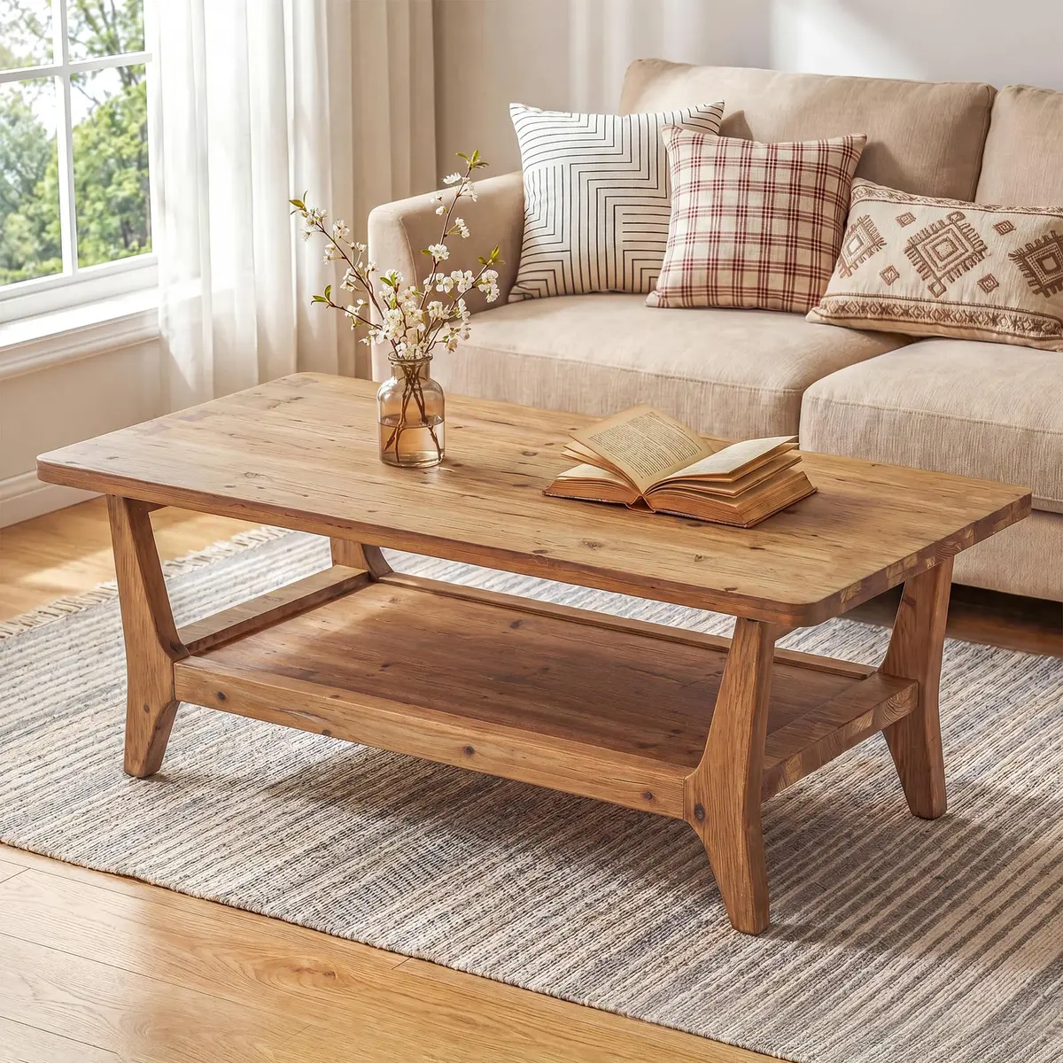 LITTLE TREE Solid Wood Coffee Table 47.2" x 23.6" | Rustic Orange-Brown Finish, 2-Tier - main product image