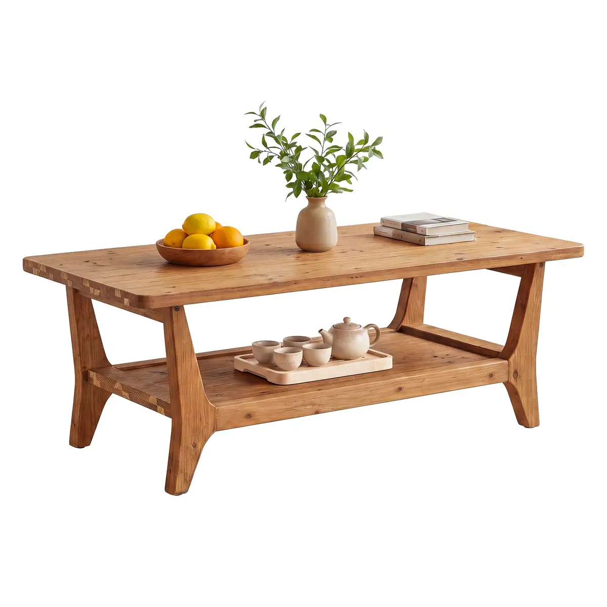 LITTLE TREE Solid Wood Coffee Table 47.2" x 23.6" | Rustic Orange-Brown Finish, 2-Tier - view 5