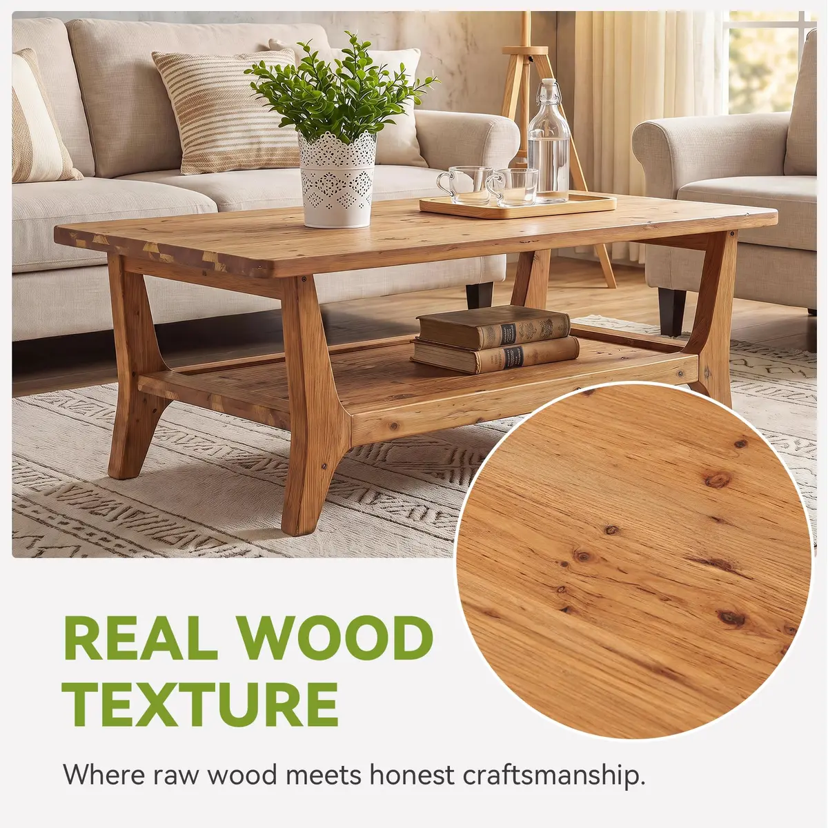 LITTLE TREE Solid Wood Coffee Table 47.2" x 23.6" | Rustic Orange-Brown Finish, 2-Tier - view 2