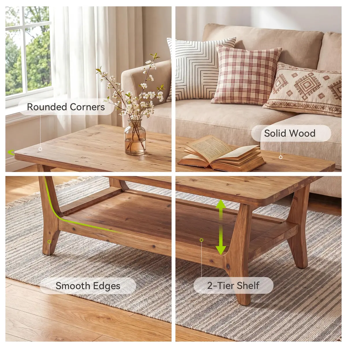 LITTLE TREE Solid Wood Coffee Table 47.2" x 23.6" | Rustic Orange-Brown Finish, 2-Tier - view 3