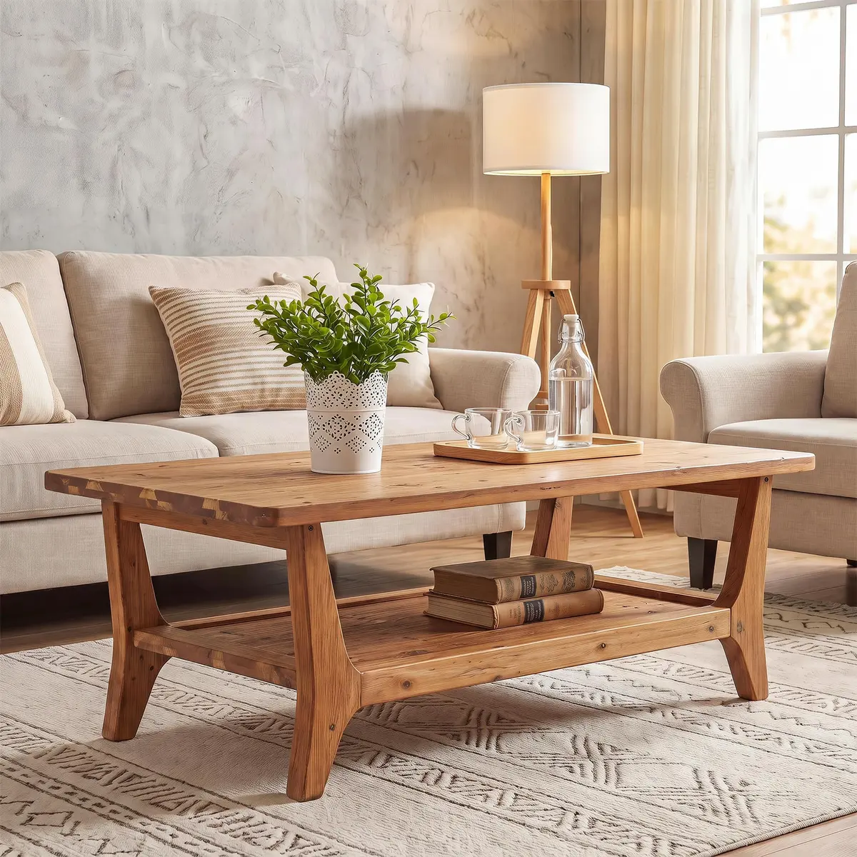 LITTLE TREE Solid Wood Coffee Table 47.2" x 23.6" | Rustic Orange-Brown Finish, 2-Tier - view 4