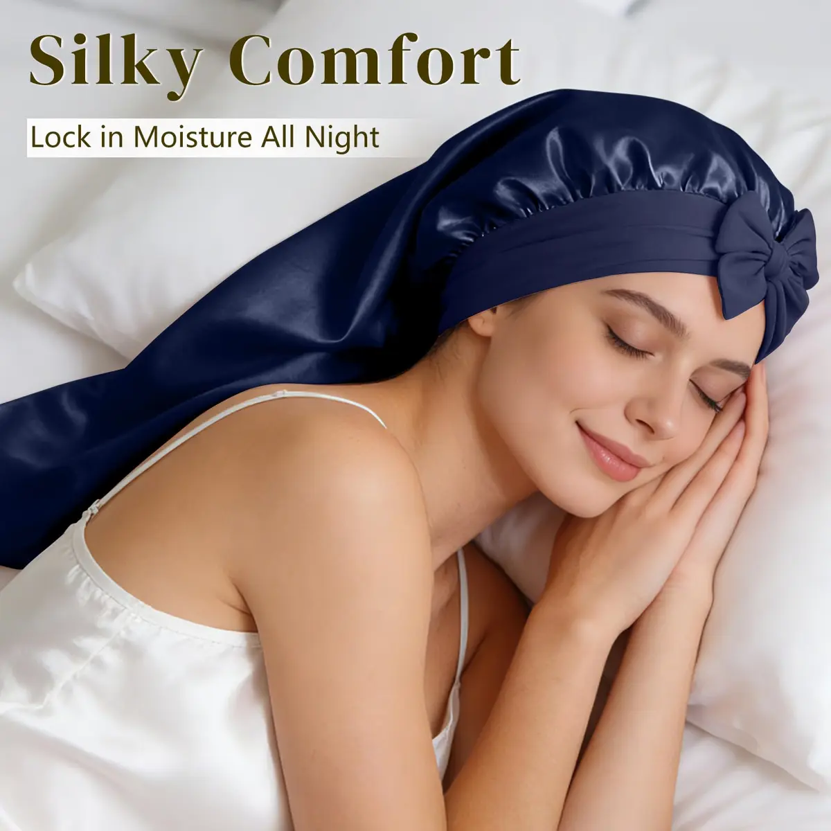 ZIMASILK Long Mulberry Silk Bonnet for Sleeping Women Navy Blue | OEKO-TEX Certified Hypoallergenic - view 5
