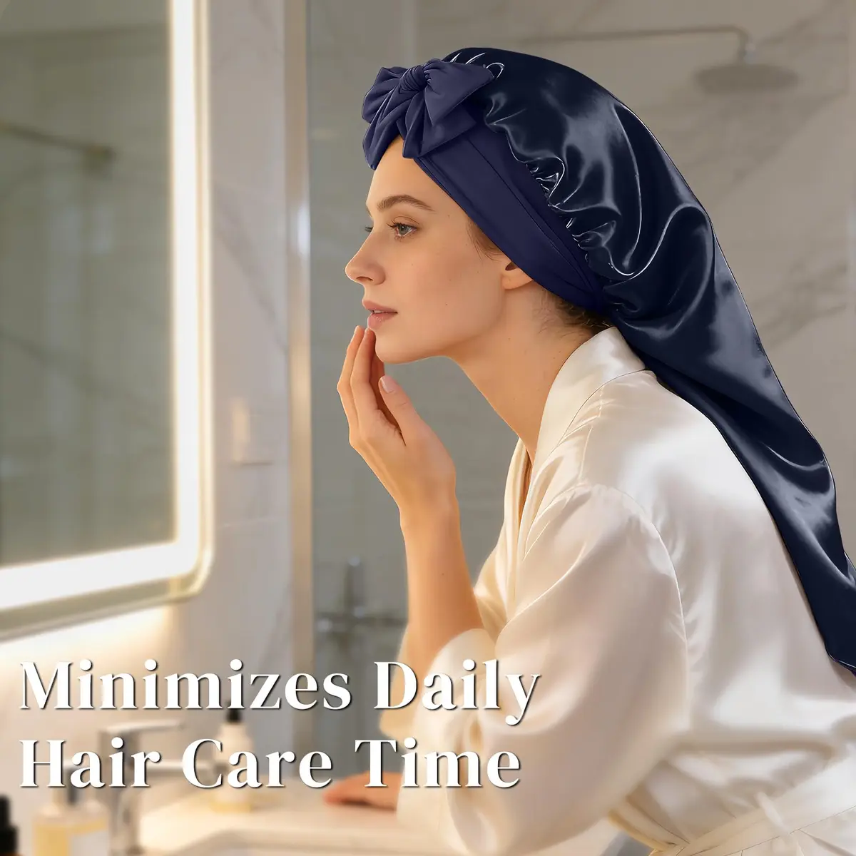 ZIMASILK Long Mulberry Silk Bonnet for Sleeping Women Navy Blue | OEKO-TEX Certified Hypoallergenic - view 6