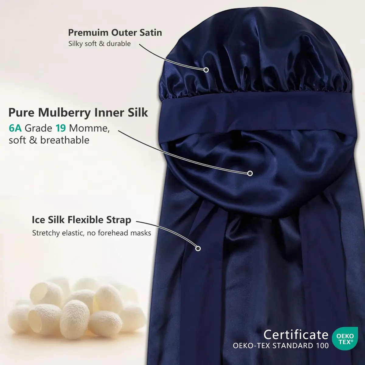 ZIMASILK Long Mulberry Silk Bonnet for Sleeping Women Navy Blue | OEKO-TEX Certified Hypoallergenic - view 2