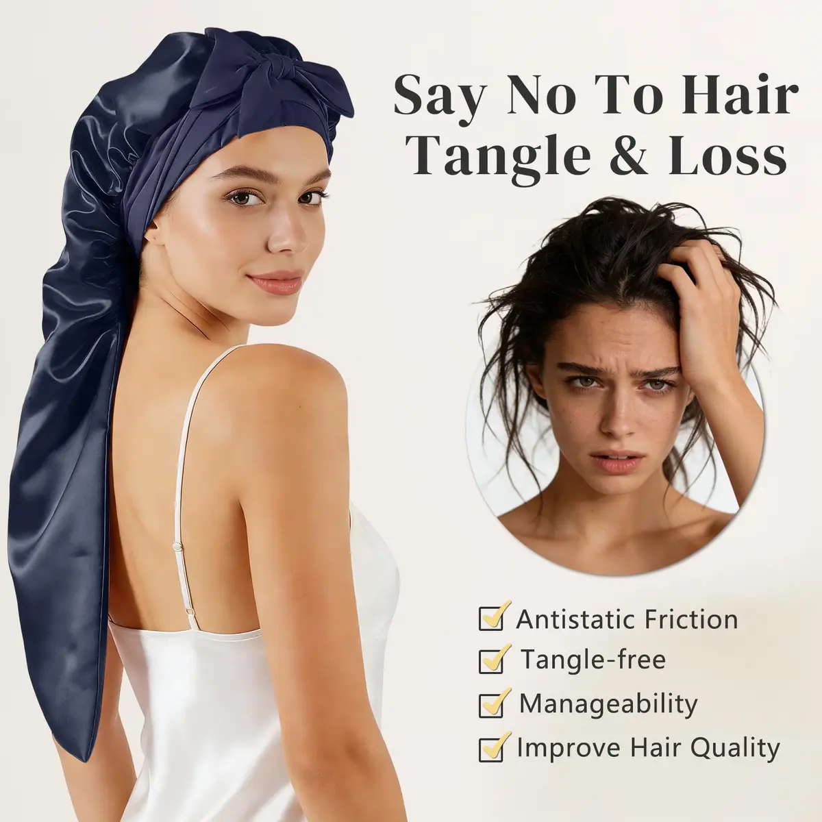 ZIMASILK Long Mulberry Silk Bonnet for Sleeping Women Navy Blue | OEKO-TEX Certified Hypoallergenic - view 3