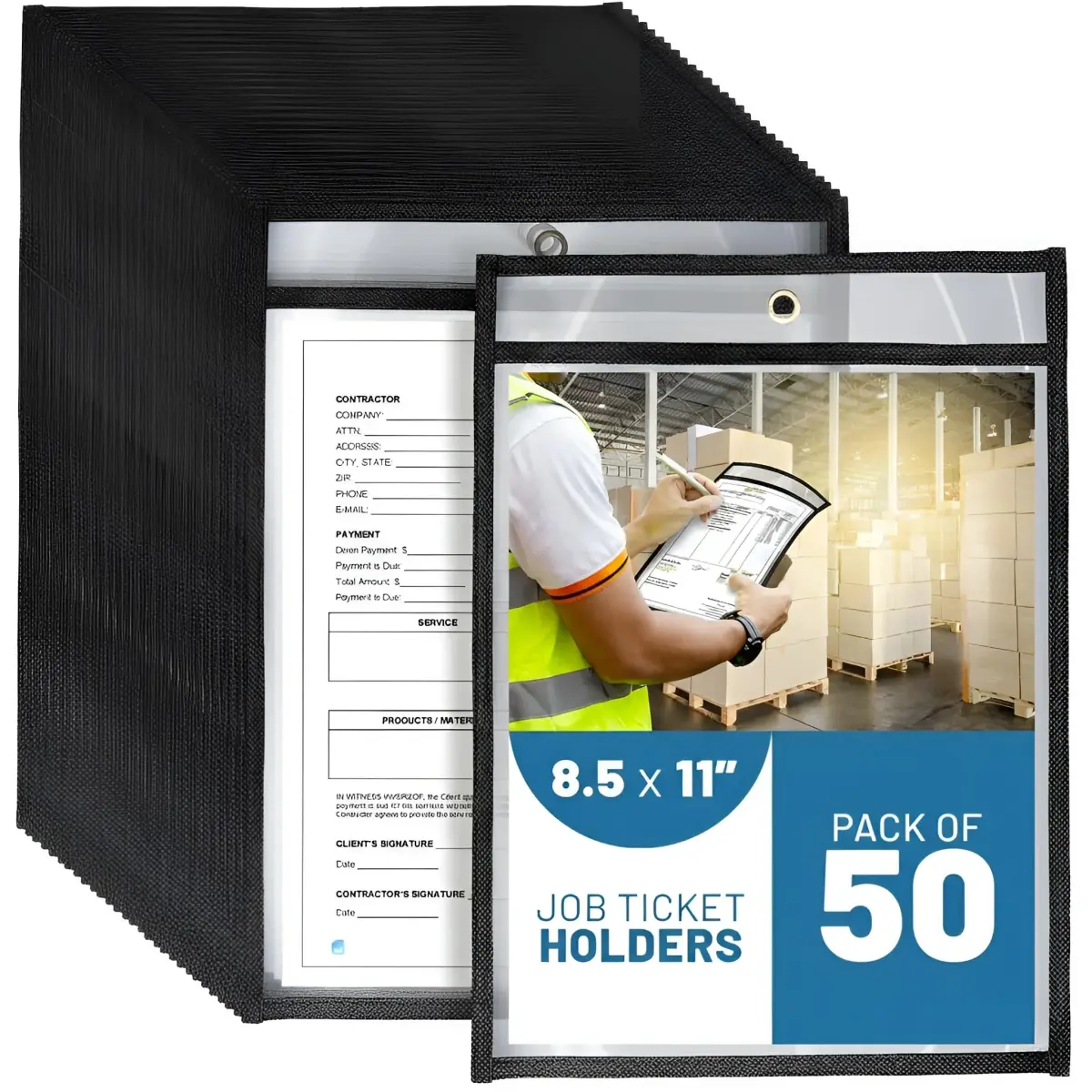 JUZARI Clear 50 Pack Job Ticket Holders 8.5x11 Inch | Heavy Duty Plastic Sleeves for Documents - main product image
