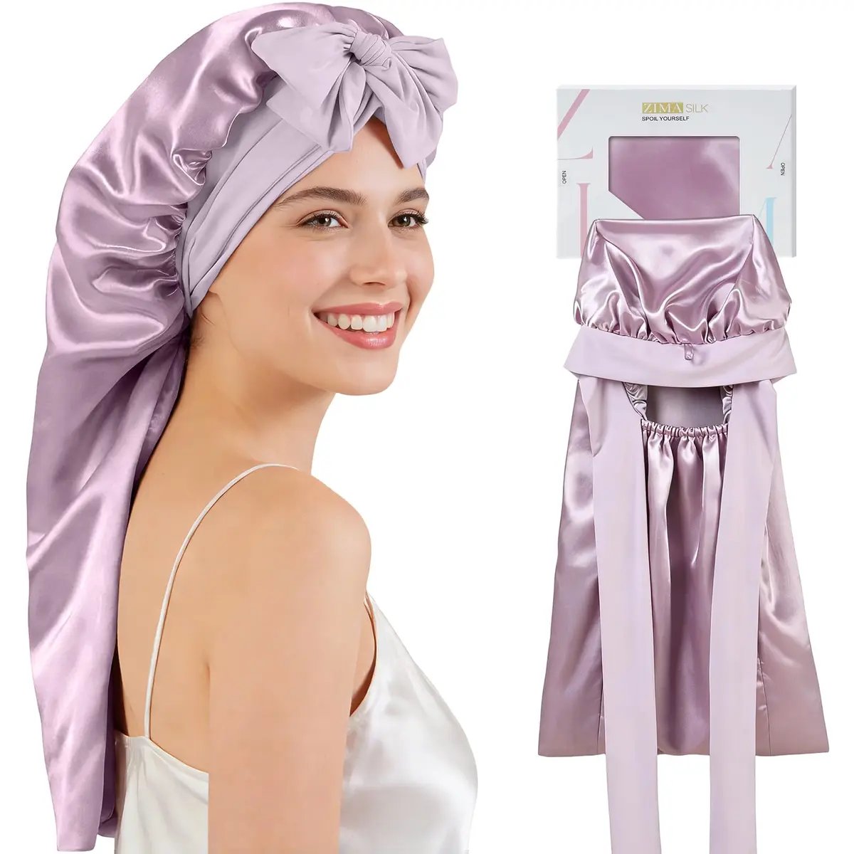 ZIMASILK Long Mulberry Silk Bonnet for Sleeping Women Purple | OEKO-TEX Certified, 19 Momme Grade 6A Silk - main product image