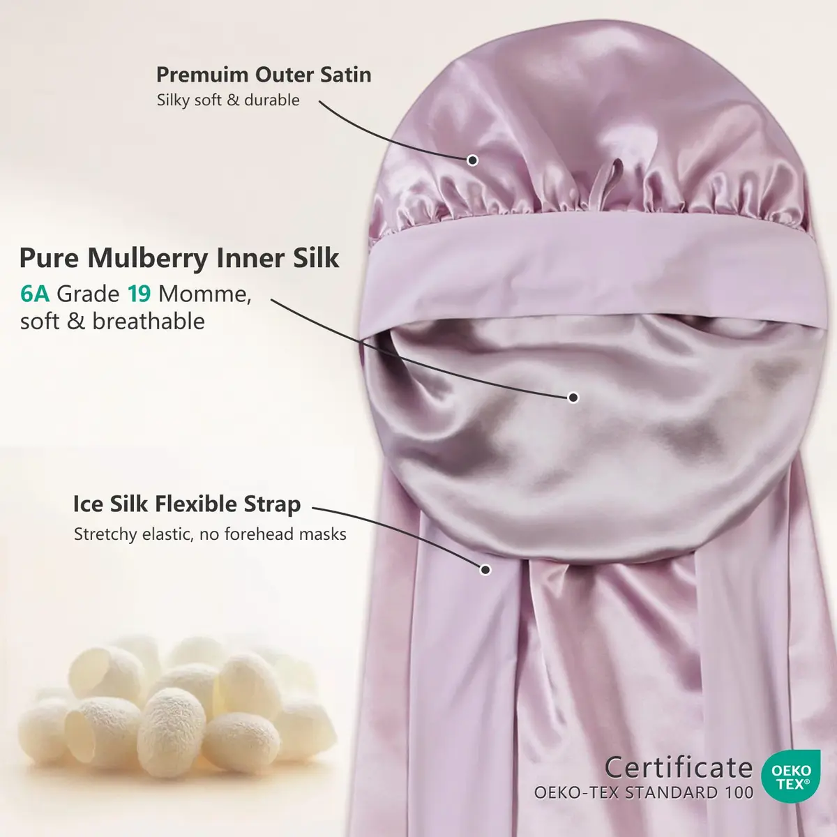 ZIMASILK Long Mulberry Silk Bonnet for Sleeping Women Purple | OEKO-TEX Certified, 19 Momme Grade 6A Silk - view 2