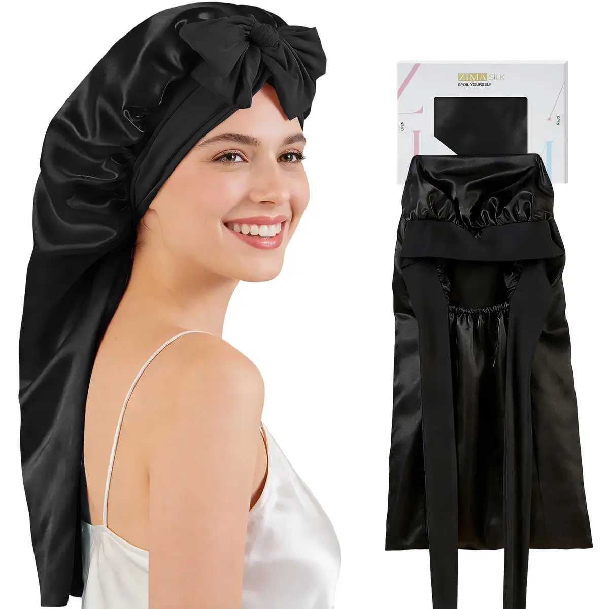 ZIMASILK Long Mulberry Silk Bonnet for Sleeping Women, Black | 19 Momme 100% Mulberry Silk, Extra-Long for Long Hair & Styles - main product image
