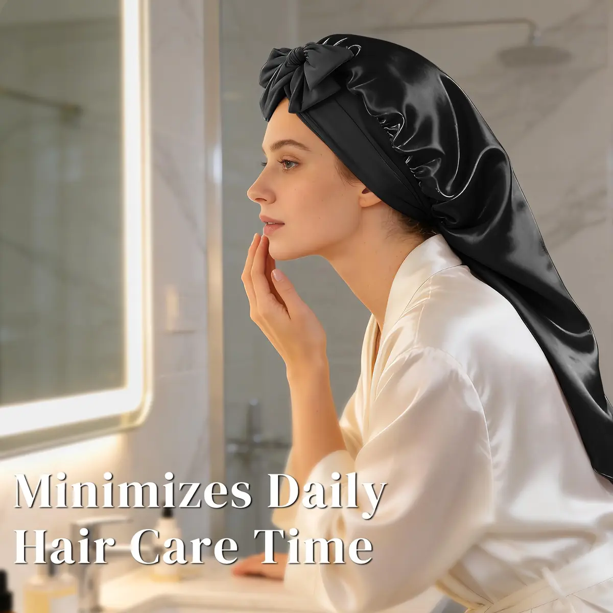ZIMASILK Long Mulberry Silk Bonnet for Sleeping Women, Black | 19 Momme 100% Mulberry Silk, Extra-Long for Long Hair & Styles - view 6