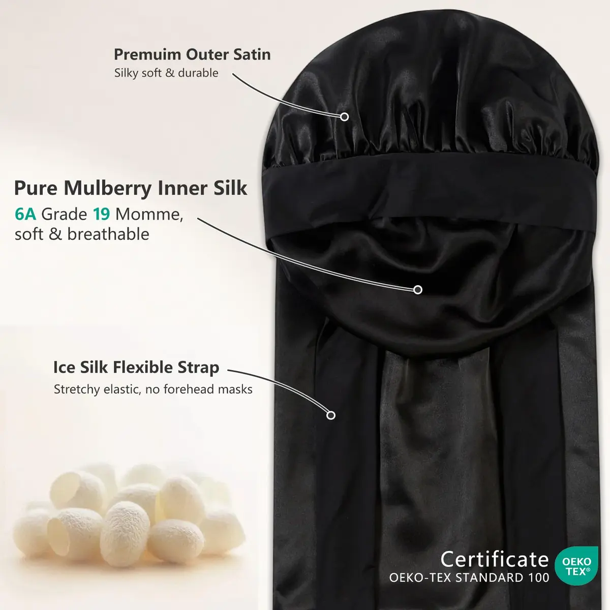 ZIMASILK Long Mulberry Silk Bonnet for Sleeping Women, Black | 19 Momme 100% Mulberry Silk, Extra-Long for Long Hair & Styles - view 2
