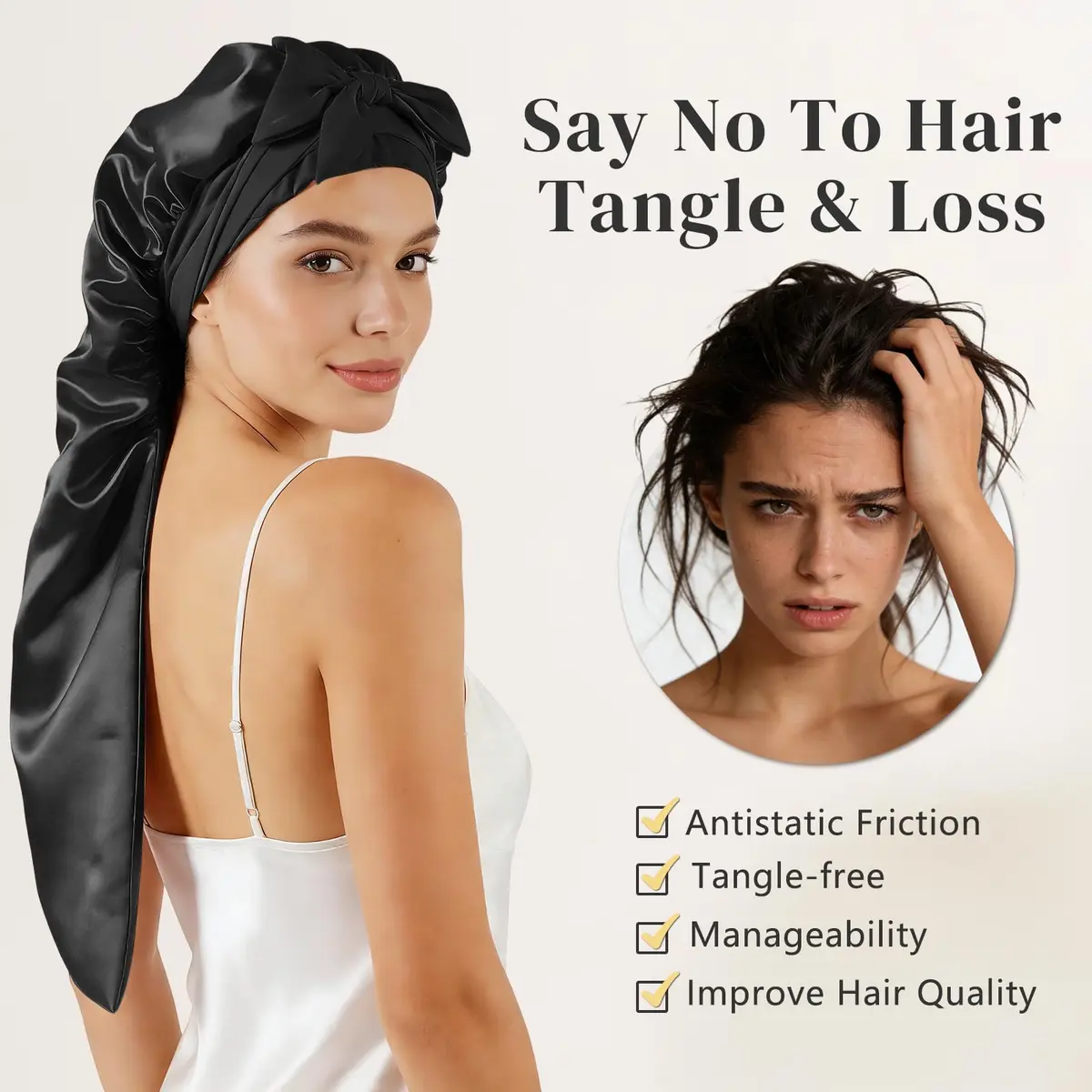 ZIMASILK Long Mulberry Silk Bonnet for Sleeping Women, Black | 19 Momme 100% Mulberry Silk, Extra-Long for Long Hair & Styles - view 3