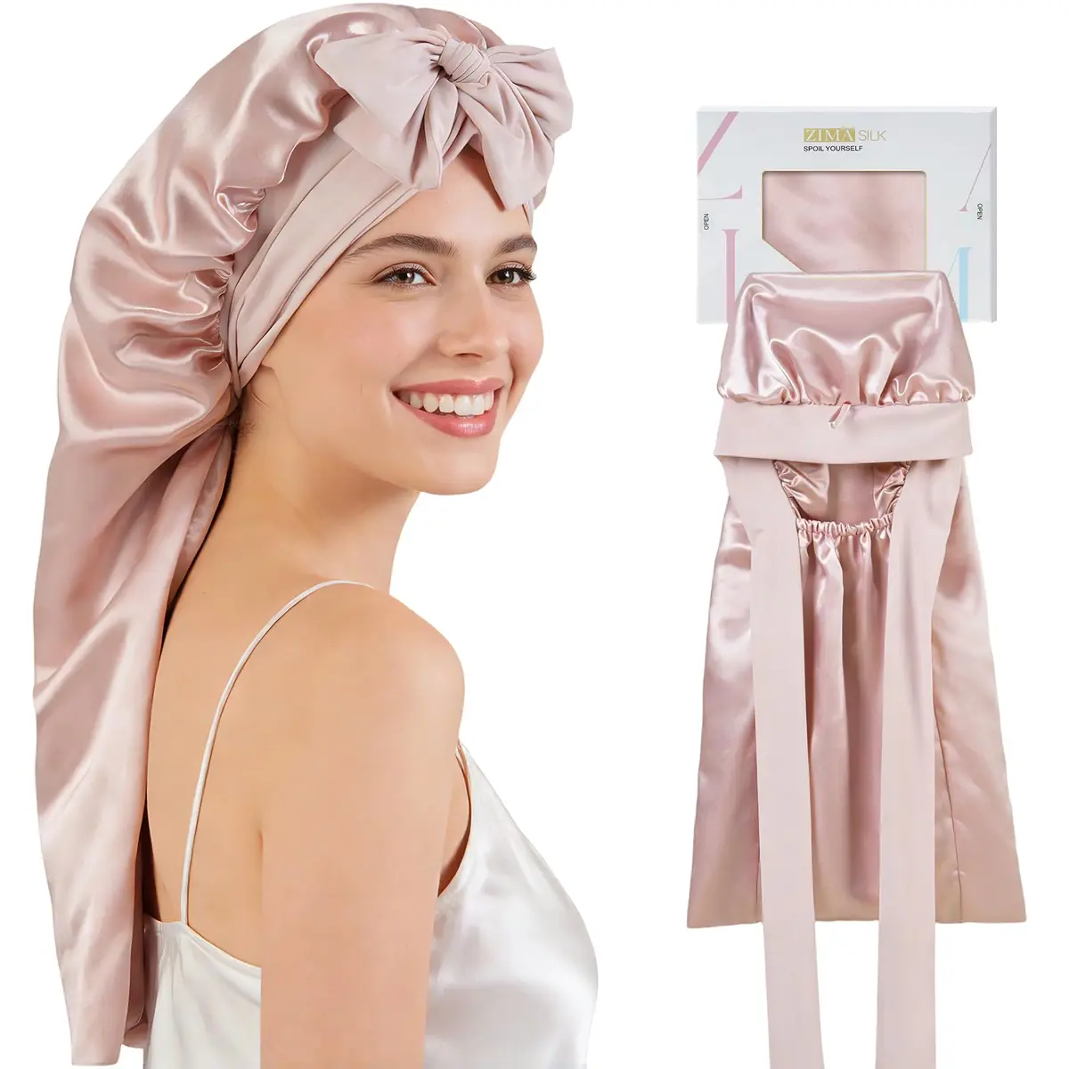 ZIMASILK Long Mulberry Silk Bonnet for Sleeping Women, Pink | 19 Momme 100% Mulberry Silk, Hypoallergenic & Durable - main product image