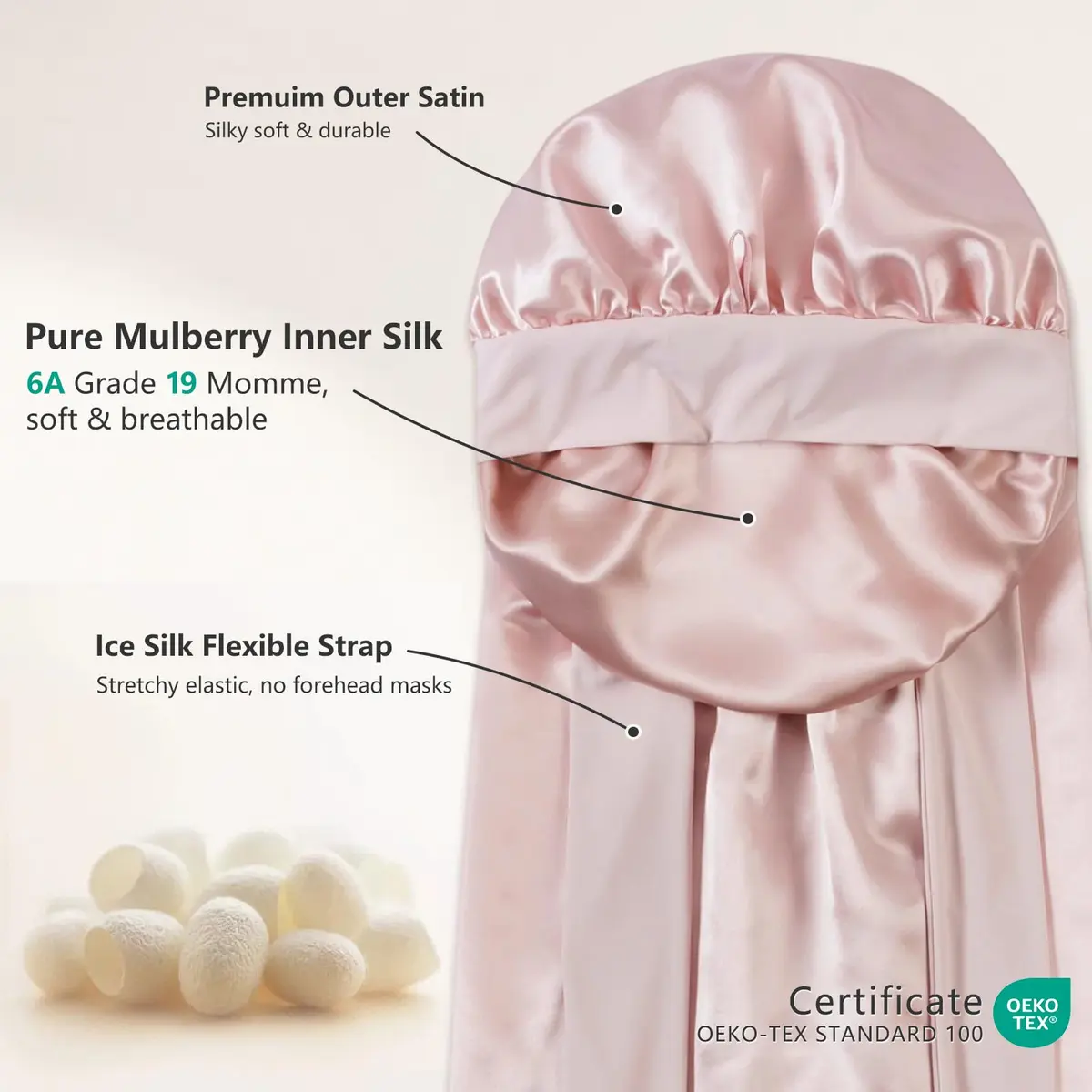ZIMASILK Long Mulberry Silk Bonnet for Sleeping Women, Pink | 19 Momme 100% Mulberry Silk, Hypoallergenic & Durable - view 2