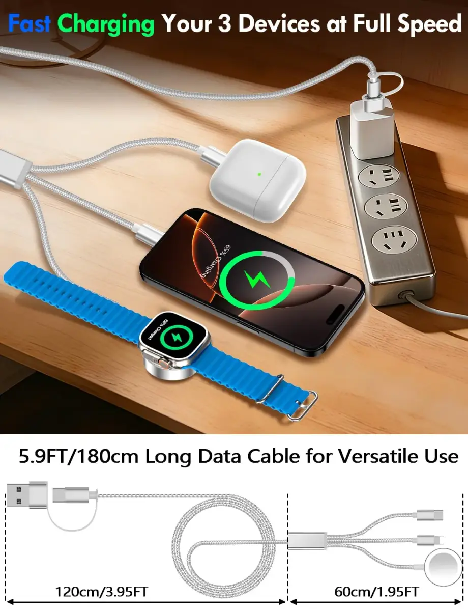 xiwxi 3-in-2 Multi Charging Cable 1.8m (6ft) | Fast Charging for Apple Watch, iPhone, USB-C Devices - view 6