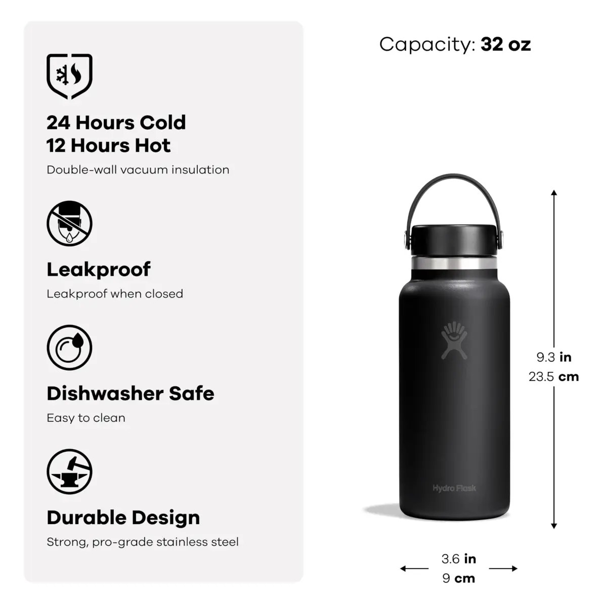 Hydro Flask 32 Oz Tonal Black Wide Mouth Water Bottle | Insulated Stainless Steel, Leakproof Flex Lid - view 3