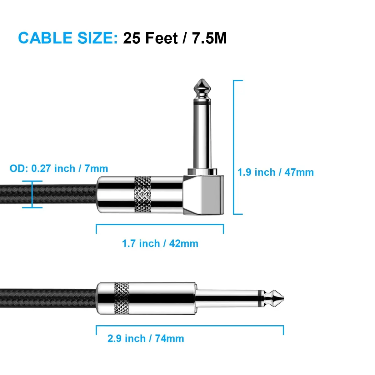New Bee 25ft Black Guitar Cable with Right Angle Connector | Low Noise, High Fidelity - view 2