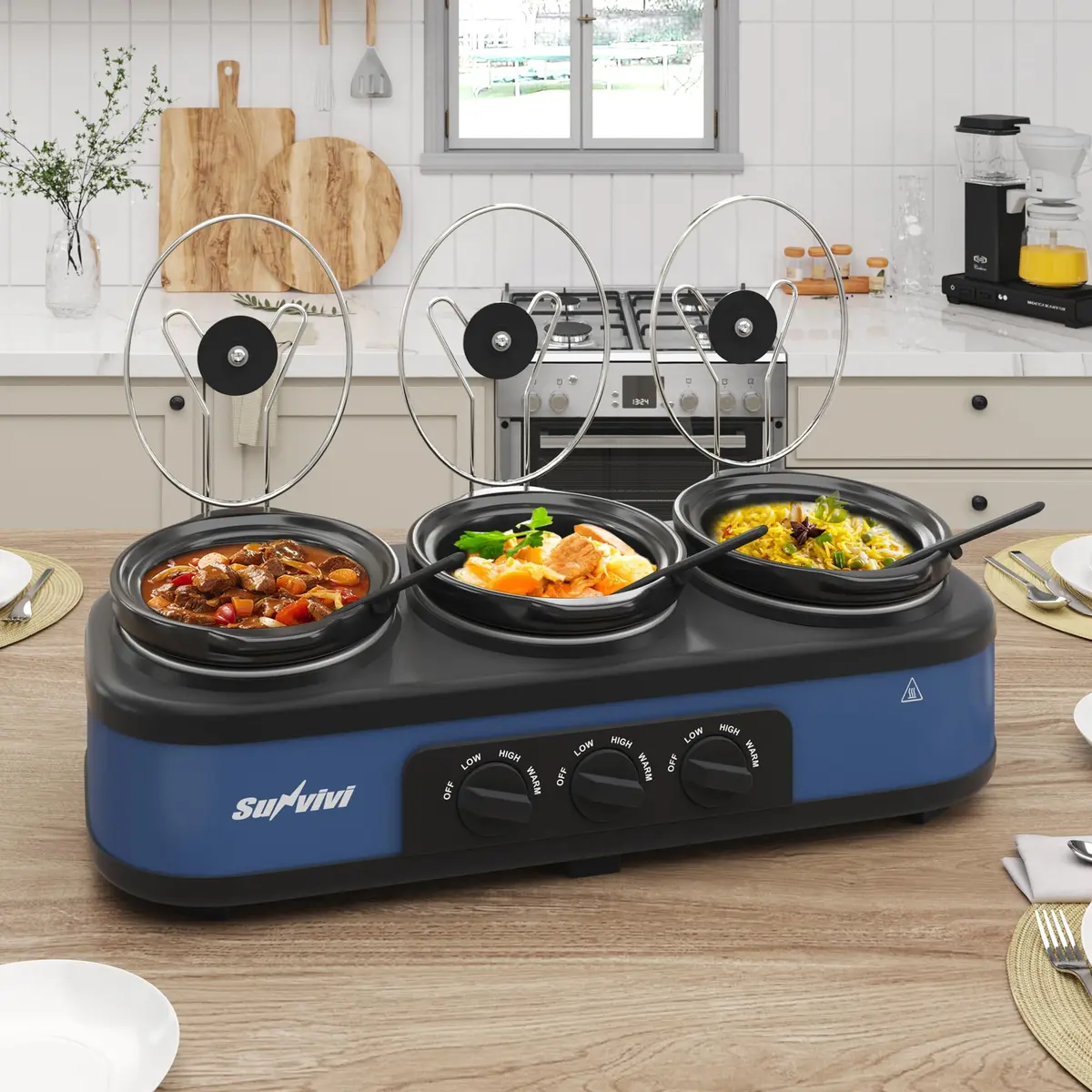 SUNVIVI Triple Slow Cooker, Buffet Server & Warmer with 3 Removable Ceramic Pots, 4.5 Quarts | 3 Adjustable Temp Settings, Stainless Steel, Blue - main product image