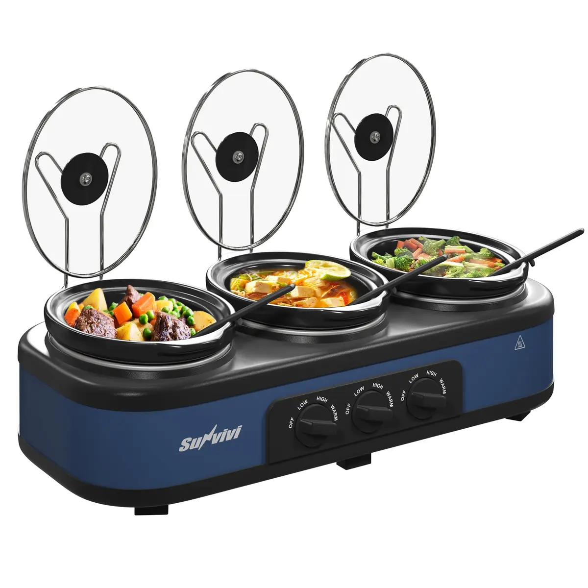 SUNVIVI Triple Slow Cooker, Buffet Server & Warmer with 3 Removable Ceramic Pots, 4.5 Quarts | 3 Adjustable Temp Settings, Stainless Steel, Blue - view 8