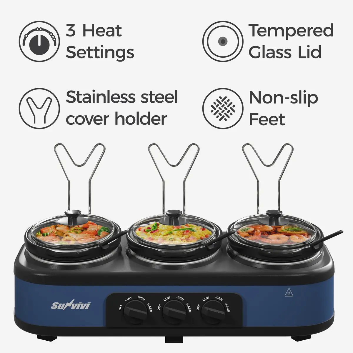 SUNVIVI Triple Slow Cooker, Buffet Server & Warmer with 3 Removable Ceramic Pots, 4.5 Quarts | 3 Adjustable Temp Settings, Stainless Steel, Blue - view 2