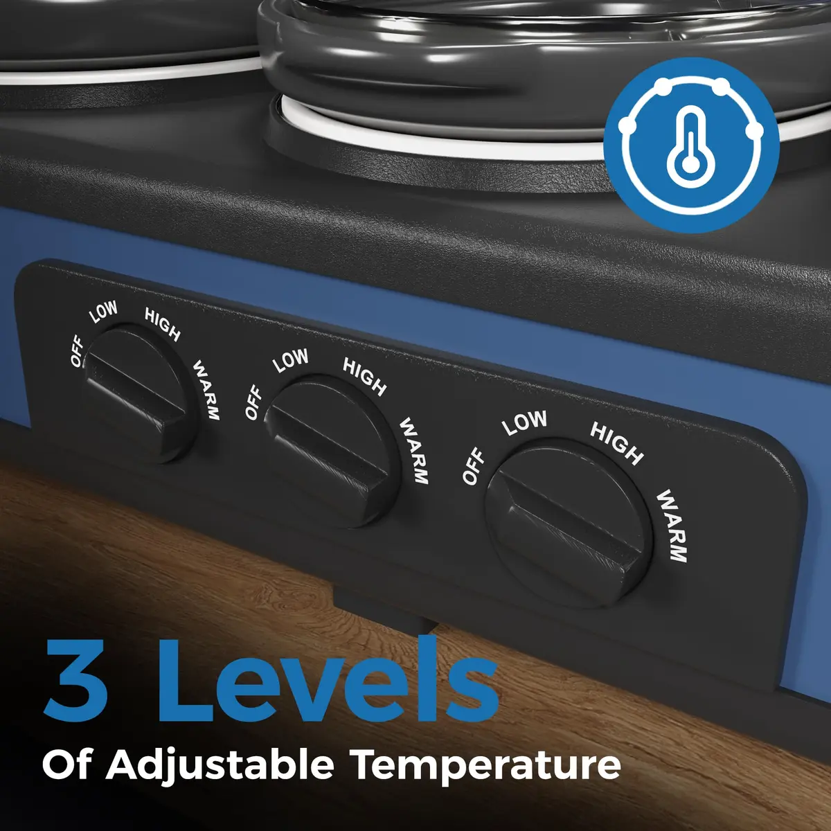 SUNVIVI Triple Slow Cooker, Buffet Server & Warmer with 3 Removable Ceramic Pots, 4.5 Quarts | 3 Adjustable Temp Settings, Stainless Steel, Blue - view 3