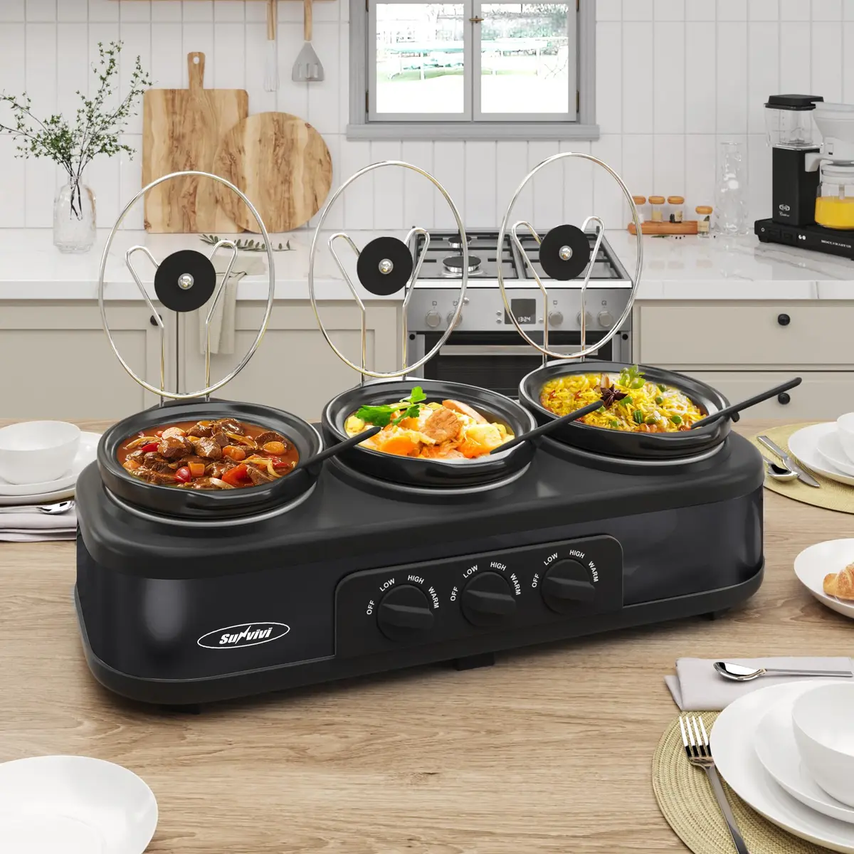 Sunvivi Triple Slow Cooker, Buffet Server & Warmer with 3 Removable Ceramic Pots, 4.5 Quarts | Versatile Multi-Task Kitchen Appliance - main product image