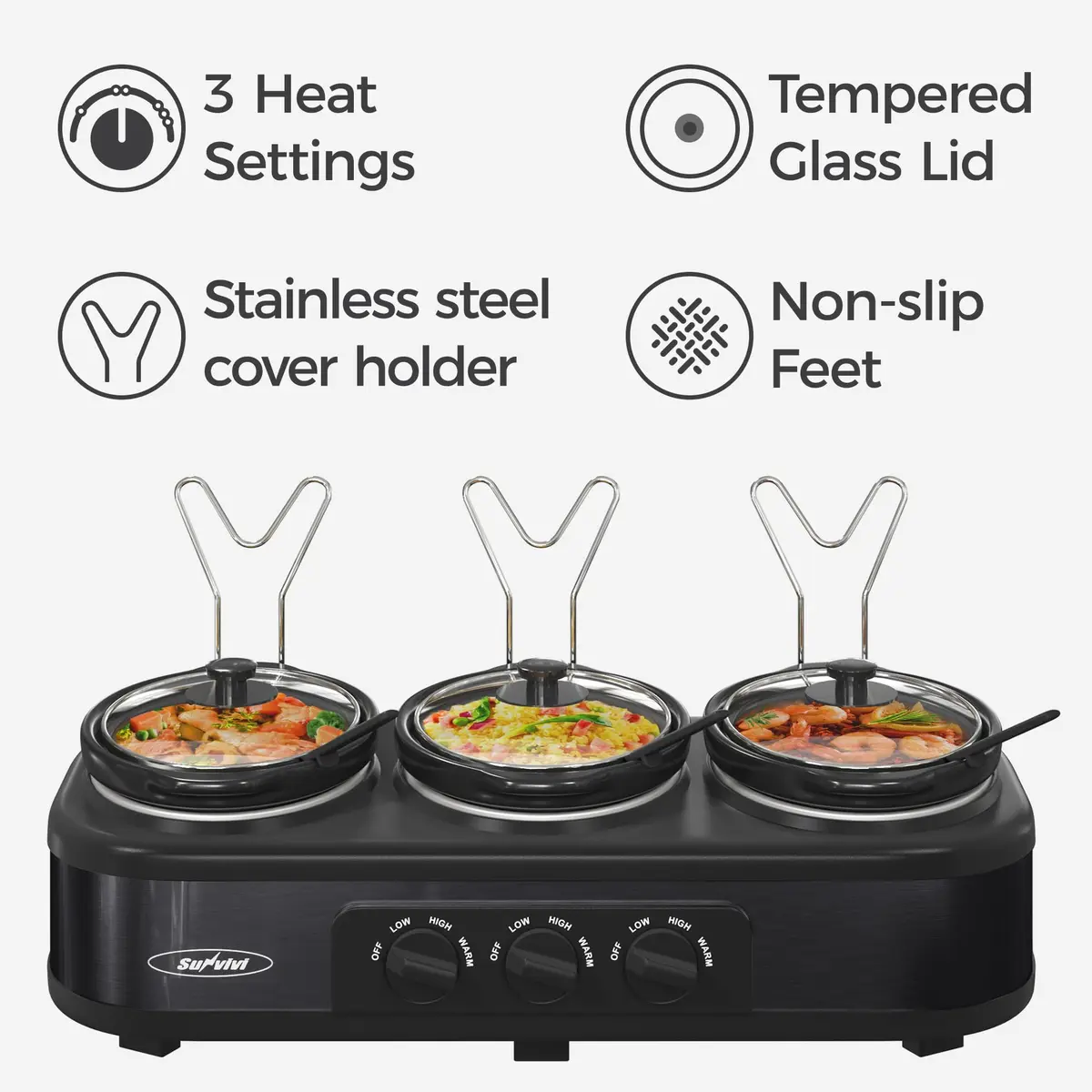 Sunvivi Triple Slow Cooker, Buffet Server & Warmer with 3 Removable Ceramic Pots, 4.5 Quarts | Versatile Multi-Task Kitchen Appliance - view 2