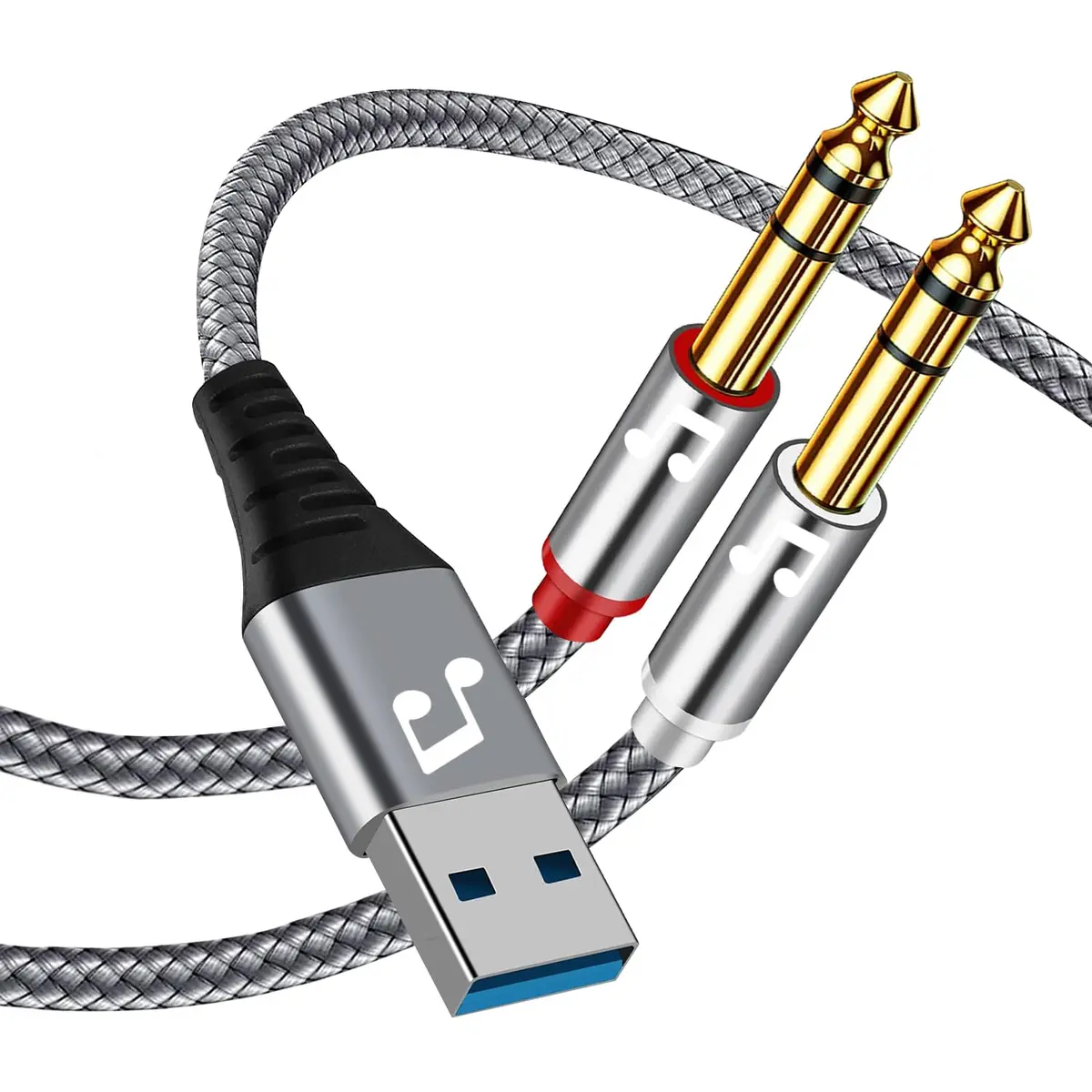 NCGGY USB to Dual 6.35mm TS Mono Audio Cable 1.83m (6 Feet) | Connect PC to Amplifiers & Speakers - main product image