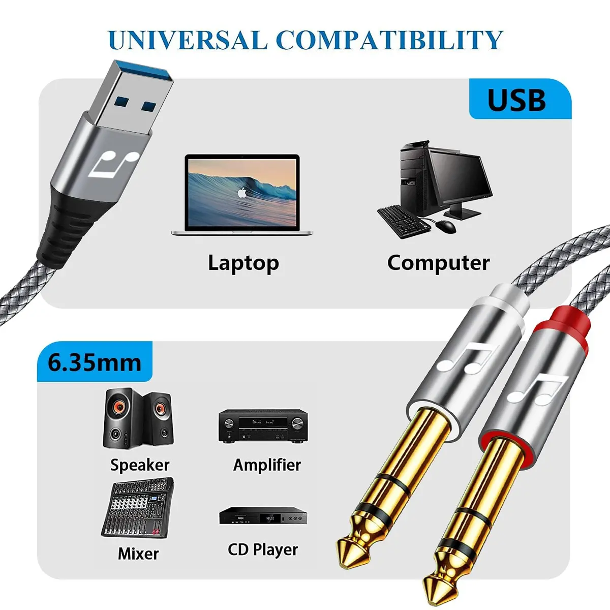 NCGGY USB to Dual 6.35mm TS Mono Audio Cable 1.83m (6 Feet) | Connect PC to Amplifiers & Speakers - view 2