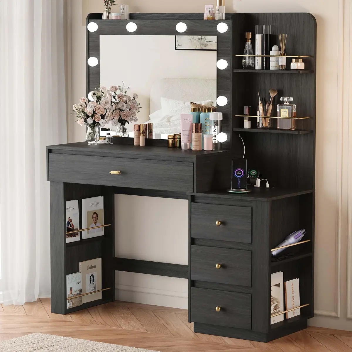 nesture. Makeup Vanity Desk with 3 Colors Lights & Mirror | Large Dressing Table with 10 LED Bulbs & Storage (Black) - main product image