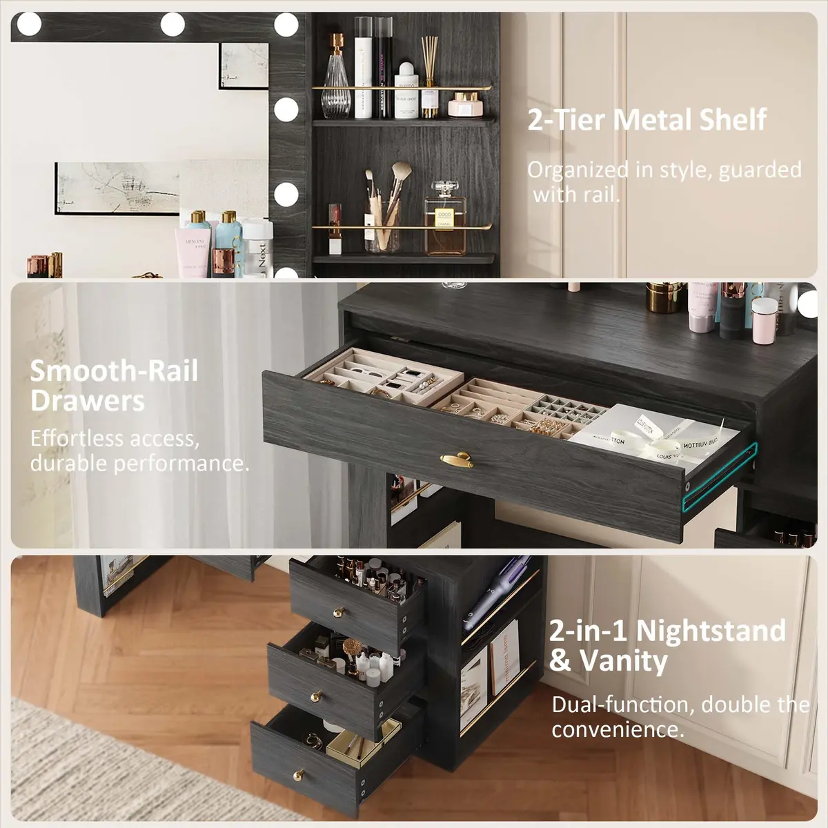 nesture. Makeup Vanity Desk with 3 Colors Lights & Mirror | Large Dressing Table with 10 LED Bulbs & Storage (Black) - view 6