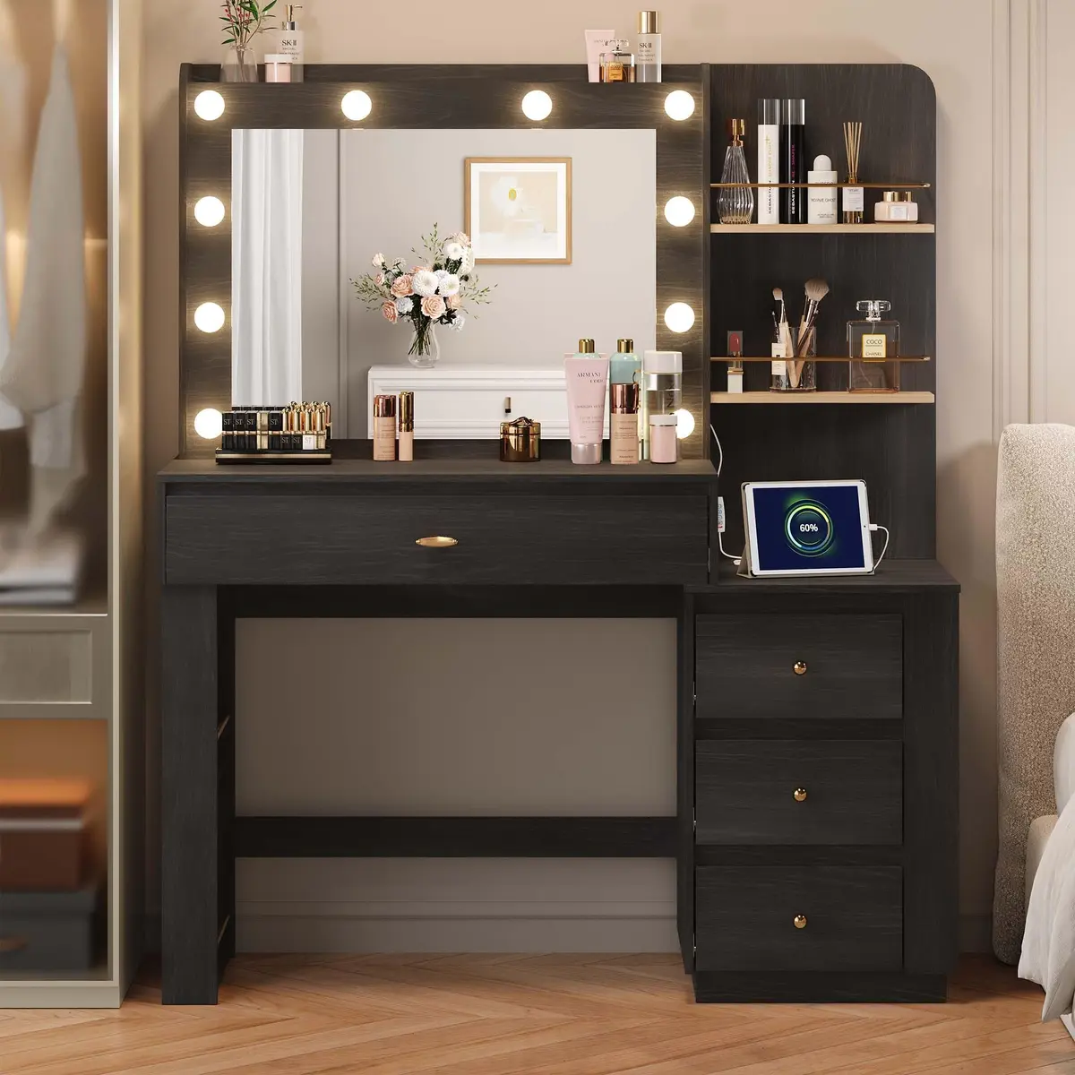 nesture. Makeup Vanity Desk with 3 Colors Lights & Mirror | Large Dressing Table with 10 LED Bulbs & Storage (Black) - view 7