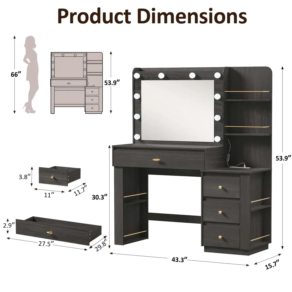 nesture. Makeup Vanity Desk with 3 Colors Lights & Mirror | Large Dressing Table with 10 LED Bulbs & Storage (Black) - view 2