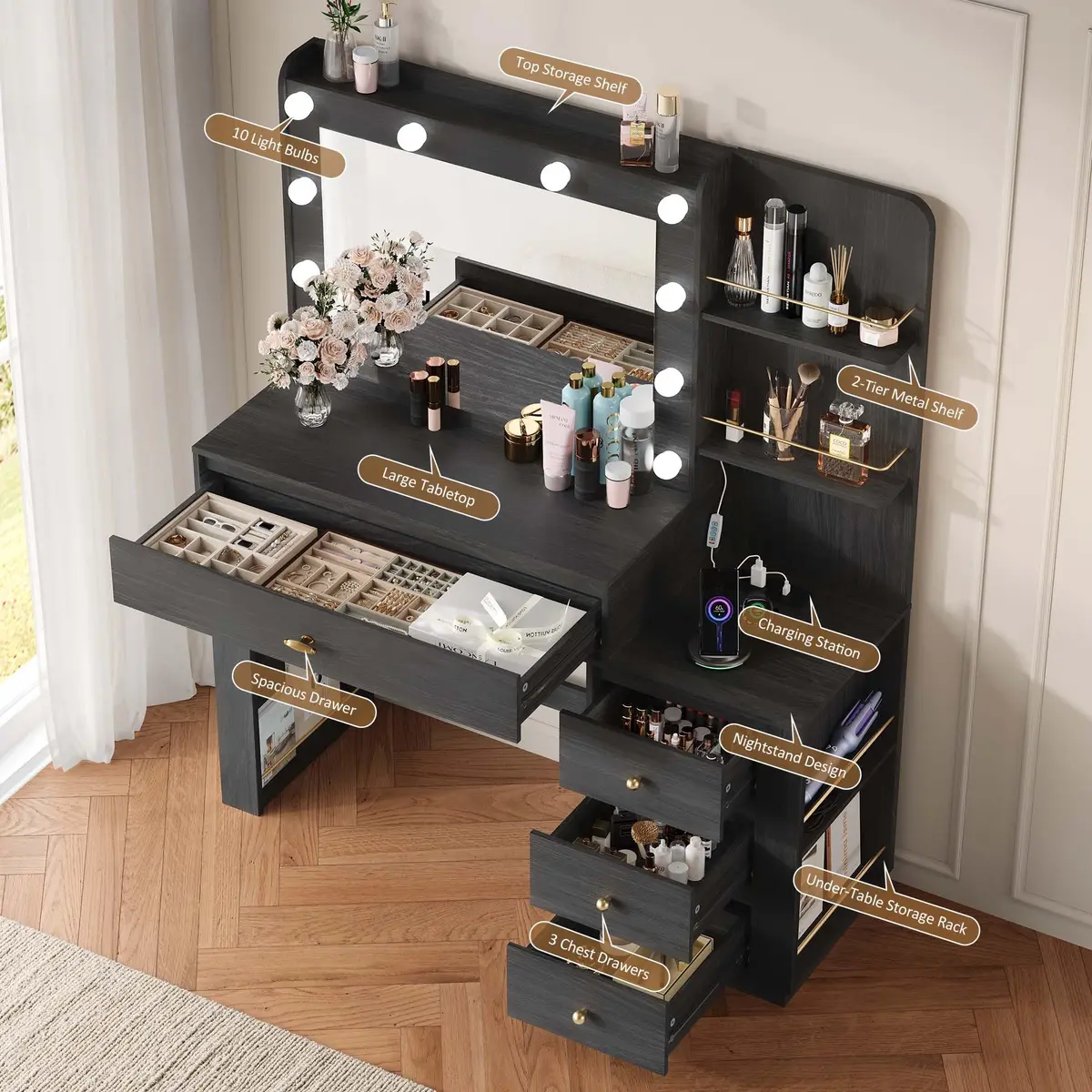 nesture. Makeup Vanity Desk with 3 Colors Lights & Mirror | Large Dressing Table with 10 LED Bulbs & Storage (Black) - view 3