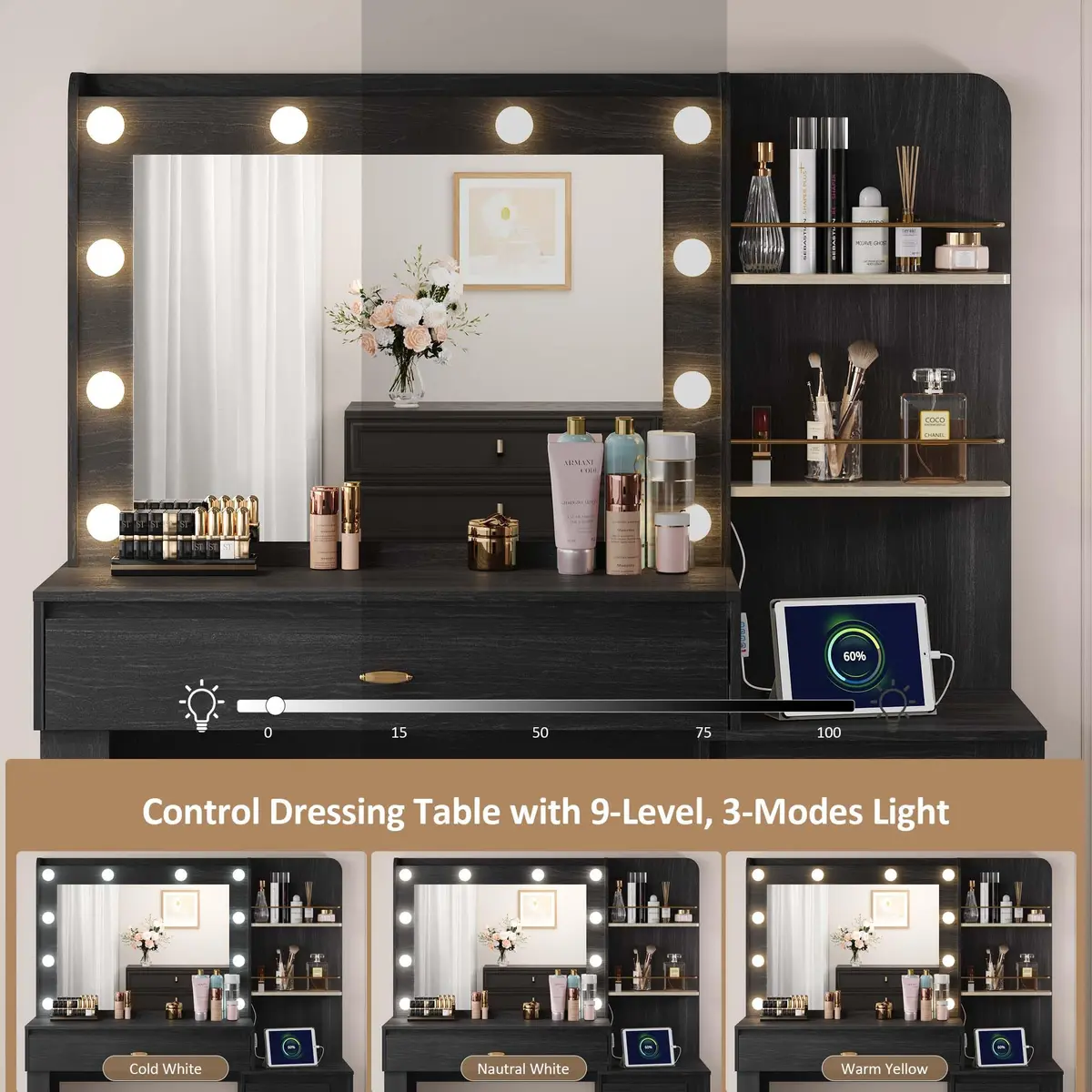 nesture. Makeup Vanity Desk with 3 Colors Lights & Mirror | Large Dressing Table with 10 LED Bulbs & Storage (Black) - view 4