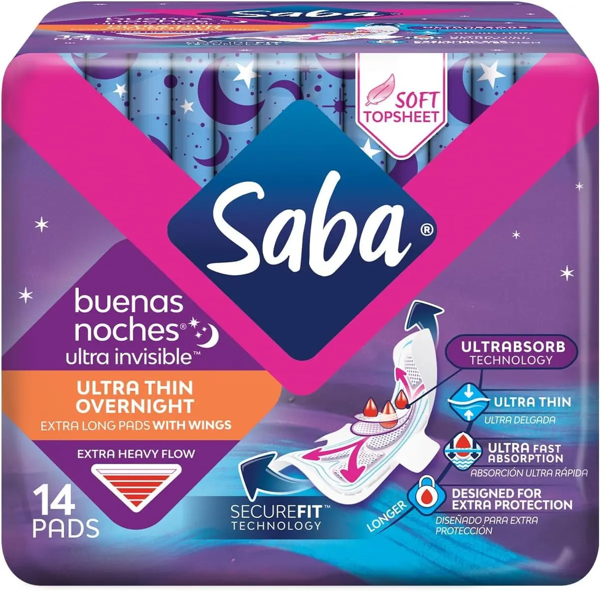 Saba Night Pads with Wings Heavy Flow | Ultra Thin Overnight Discreet Comfort - view 2